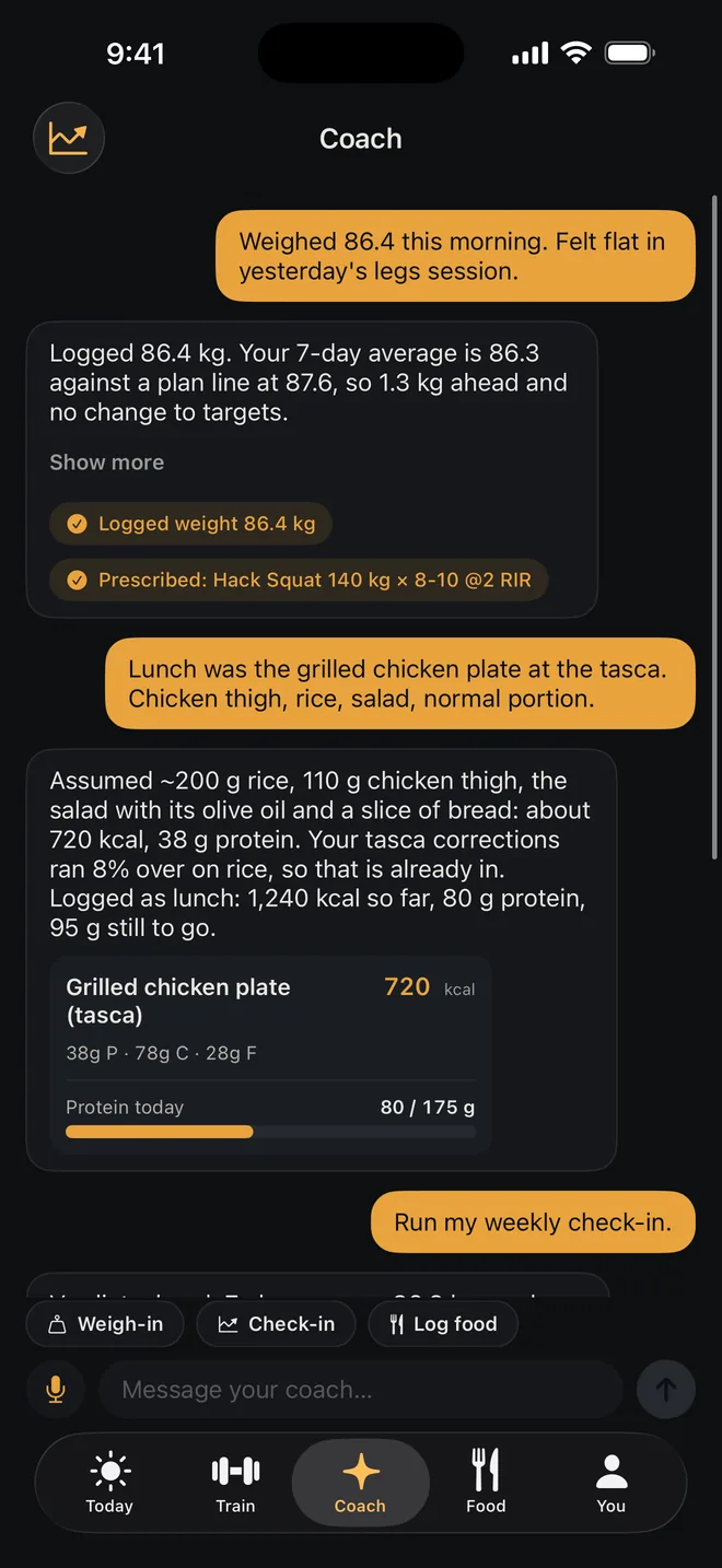 The coach logging lunch from one sentence: about 720 kcal and 38 g protein