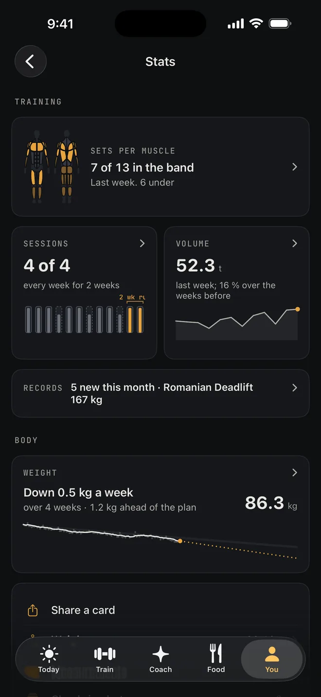 Stats: sets per muscle, sessions, volume, records and the weight trend